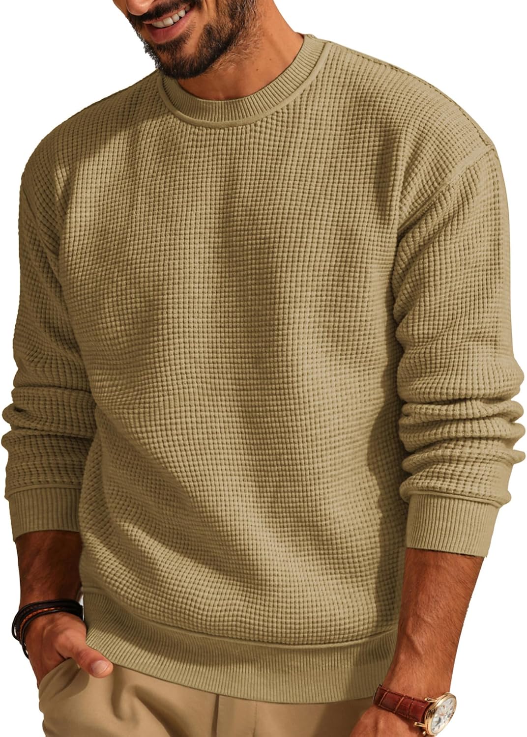 Men's Waffle Knit Crewneck Sweater in Khaki