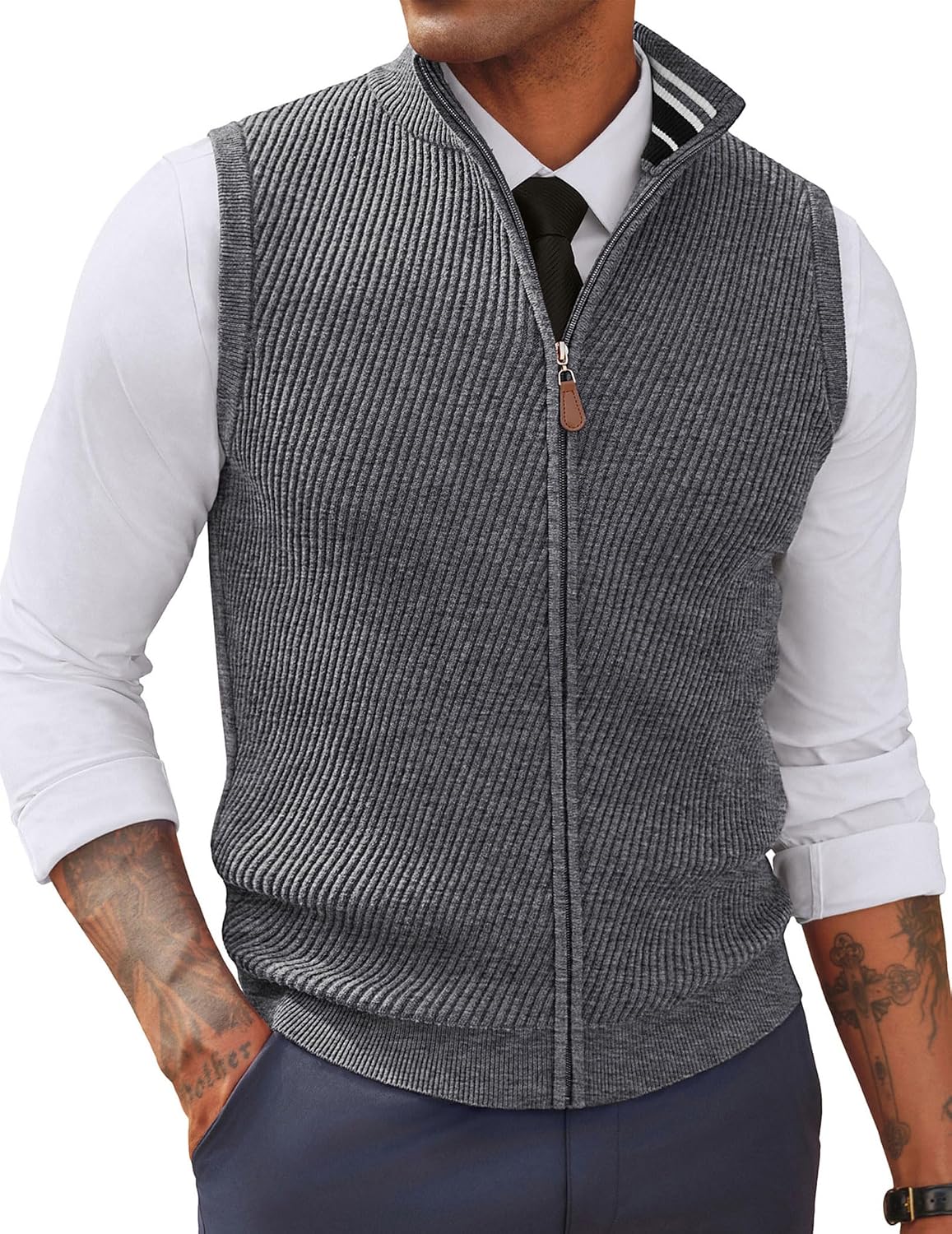 Men's Full Zip Sweater Vest - Mock Neck Twill Knit Sleeveless Layer in a Regular Fit for Fall and Winter - Small