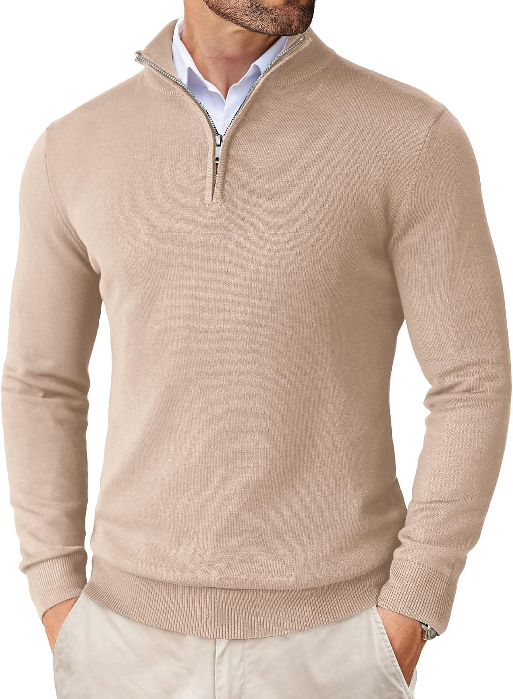 Men's Lightweight Knit Quarter Zip Pullover - Slim Fit Mock Neck with Metal Zipper Pull for Fall Office Days - Large