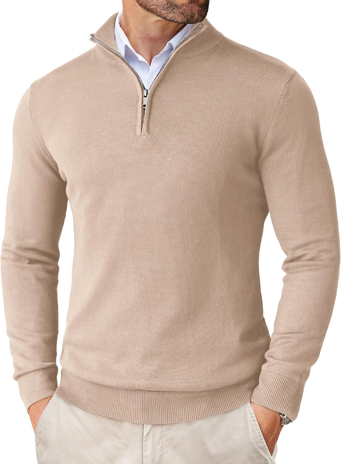 Men's Lightweight Knit Quarter Zip Pullover - Slim Fit Mock Neck with Metal Zipper Pull for Fall Office Days - Large