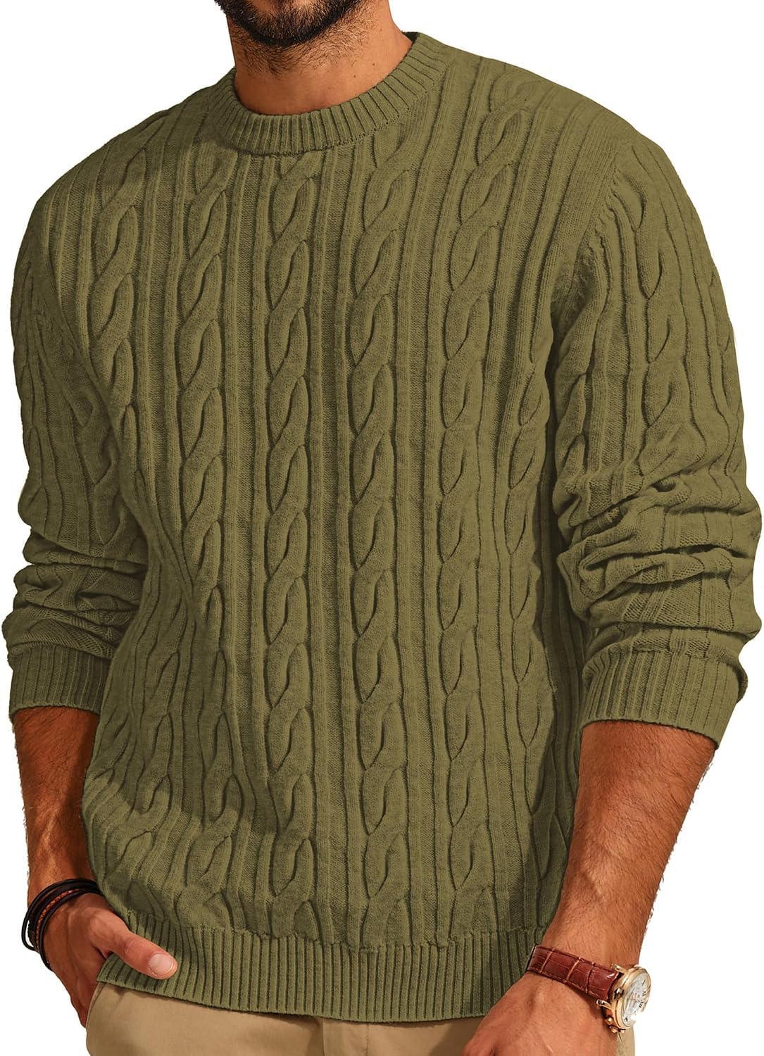 Men's Cable Knit Crewneck Sweater - Twist Textured Regular Fit Pullover in Solid Color for Business Casual Days - Small