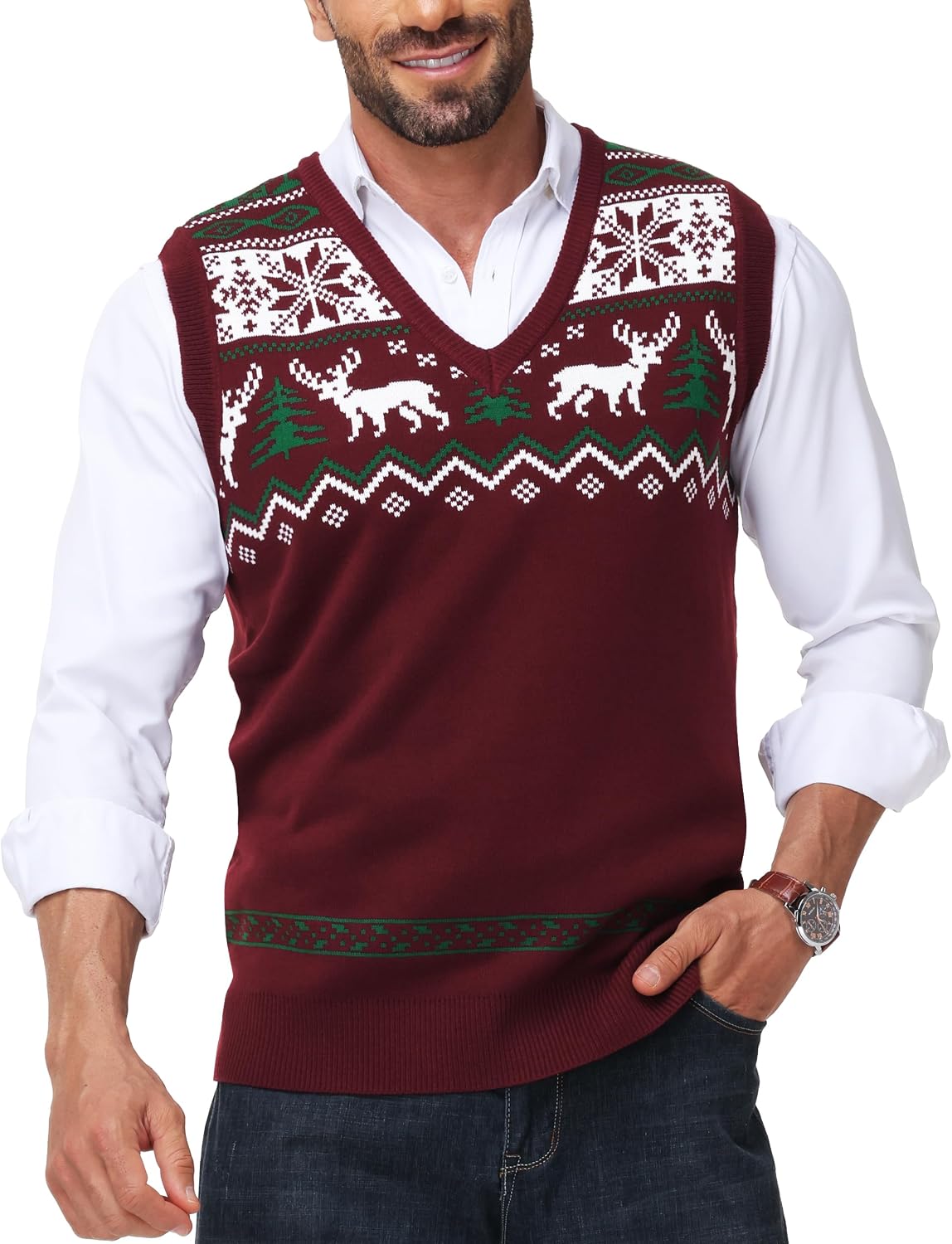 Men's Christmas Sweater Vest - V Neck Sleeveless Holiday Knit for Ugly Sweater Parties and Winter Layering - Small