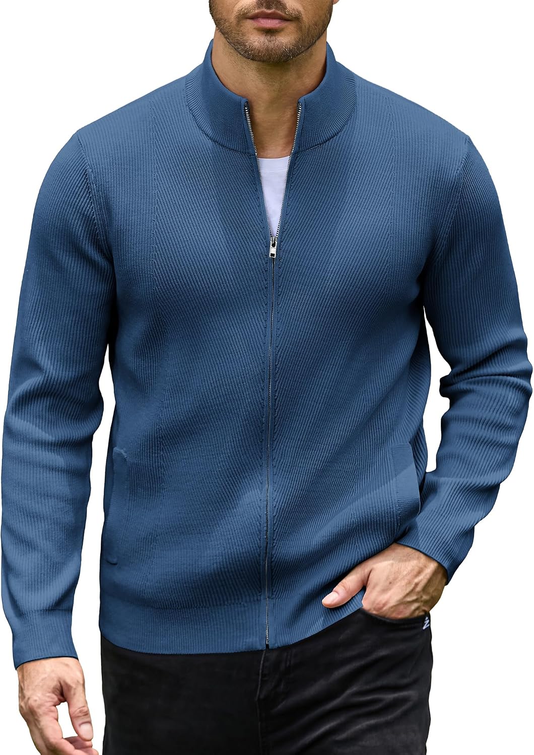Men's Textured Knit Zip Up Cardigan in Denim Blue