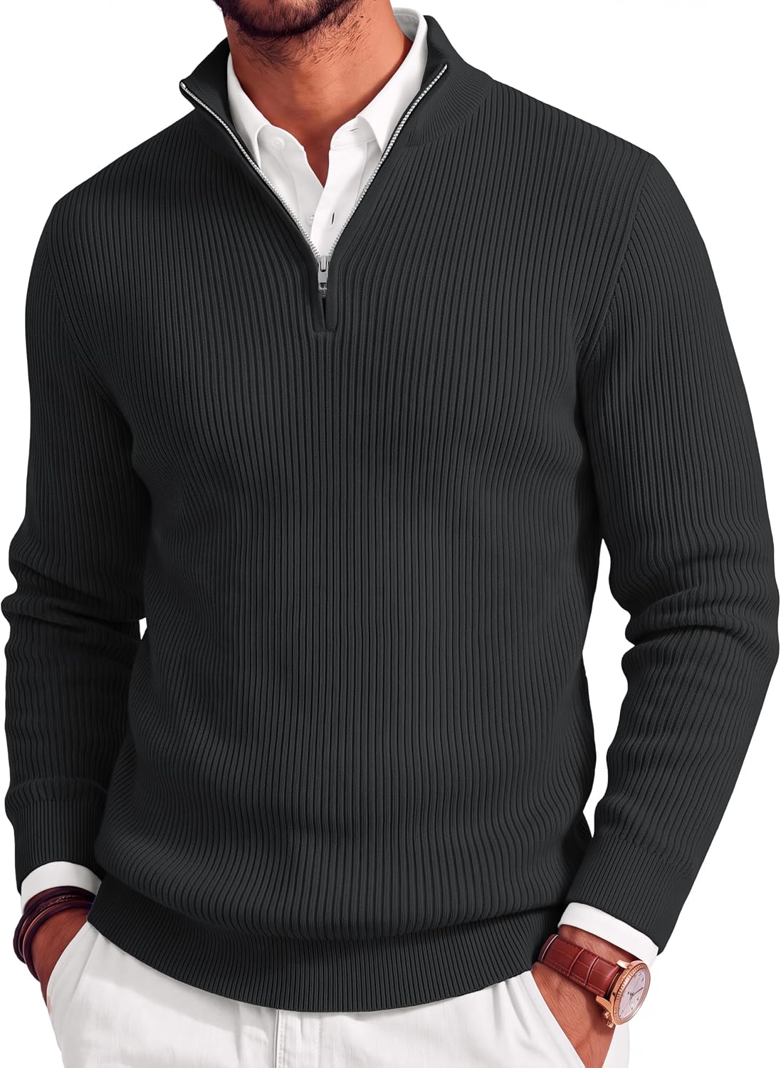 Men's Lightweight Ribbed Knit Quarter Zip Pullover - Slim Fit Mock Neck in Solid Color for Golf and Travel - Small