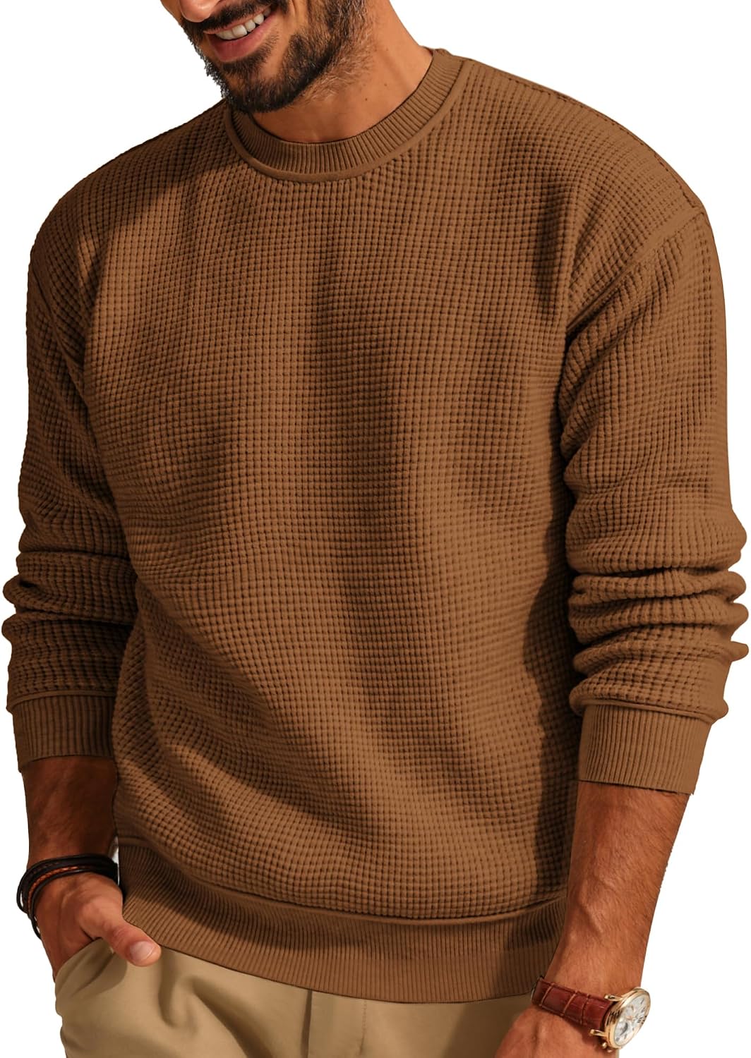 Men's Waffle Knit Crewneck Sweater in Brown