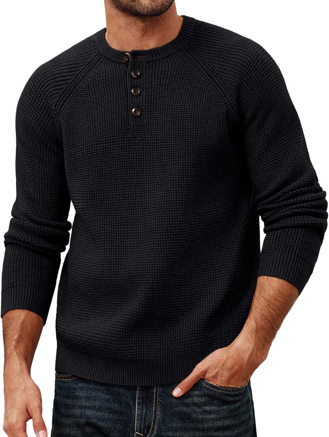 Men's Waffle Knit Henley Sweater in Black