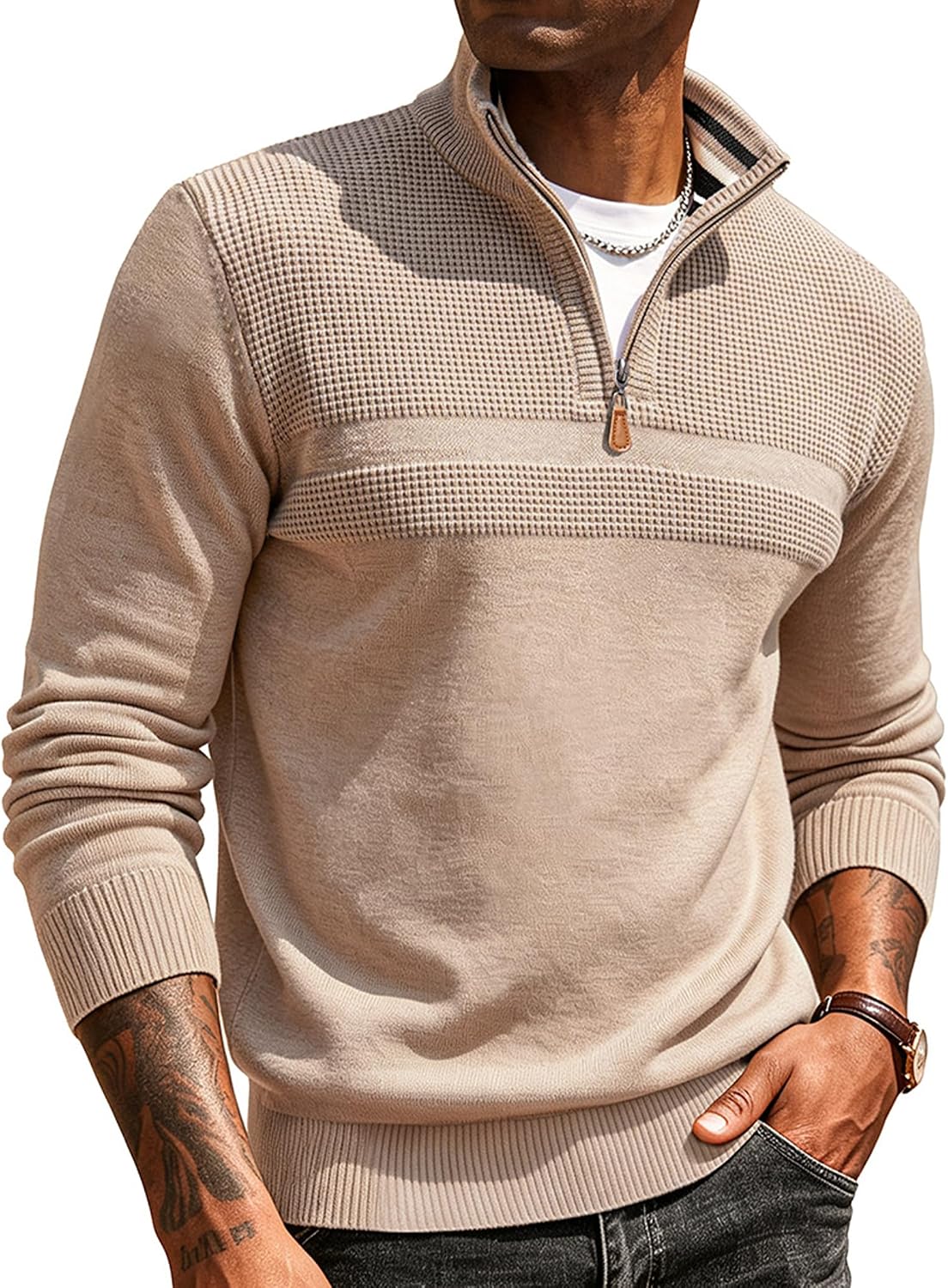 Men's Textured Quarter Zip Polo Sweater in Khaki