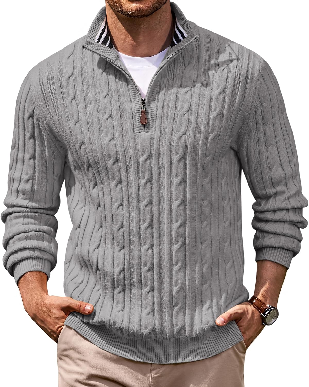 Men's Cable Knit Quarter Zip Sweater - Mock Neck Collar with Textured Cable Panels for Business Layering - Small