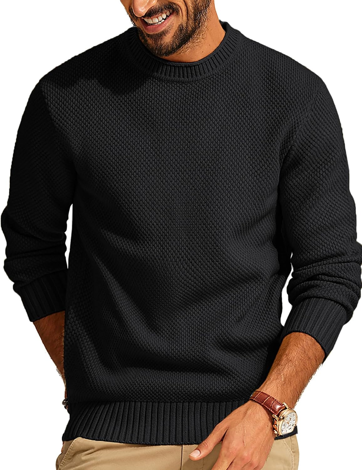 Men's Textured Waffle Knit Crewneck Sweater in Black
