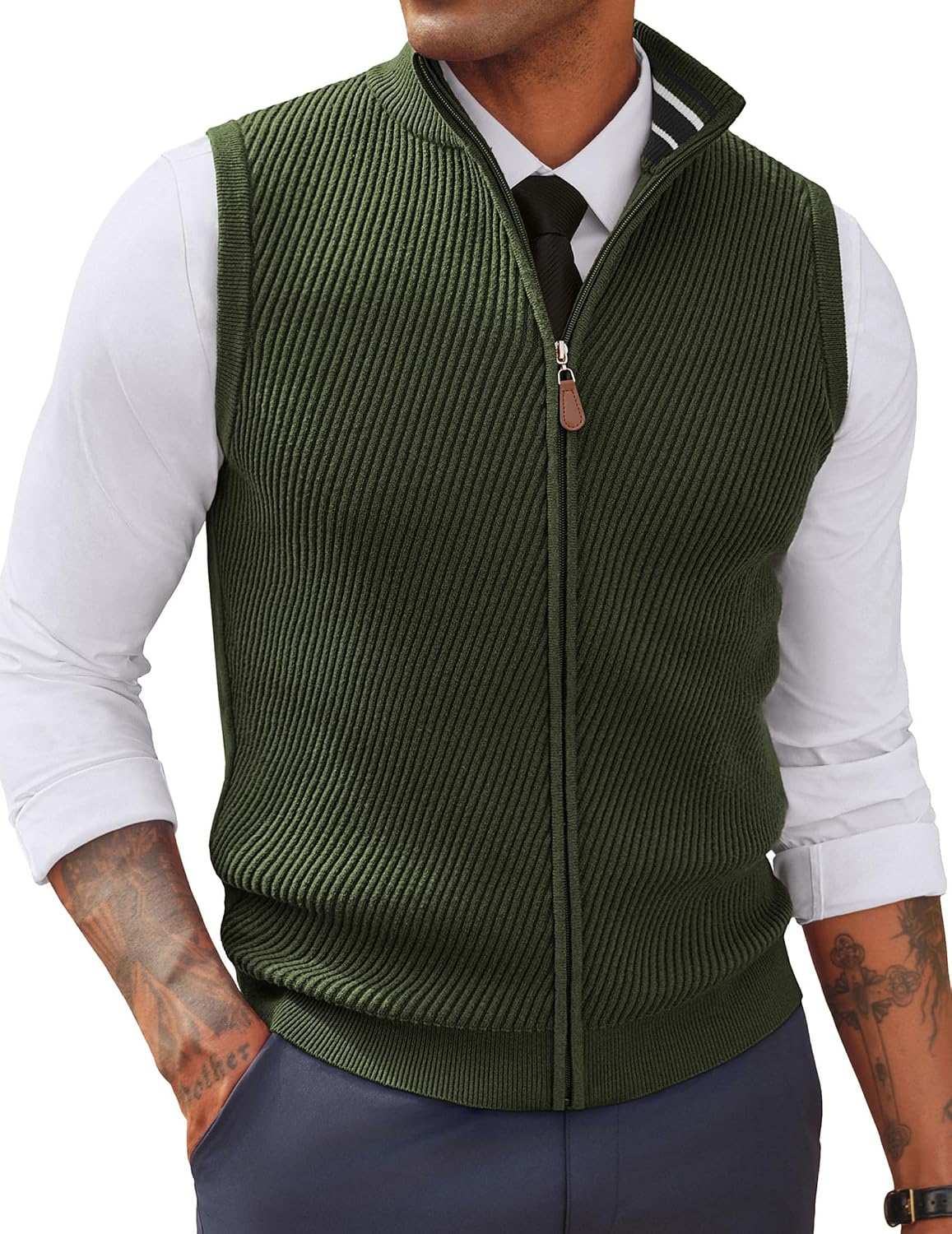Men's Full Zip Sweater Vest - Mock Neck Twill Knit Sleeveless Layer in a Regular Fit for Fall and Winter - Medium