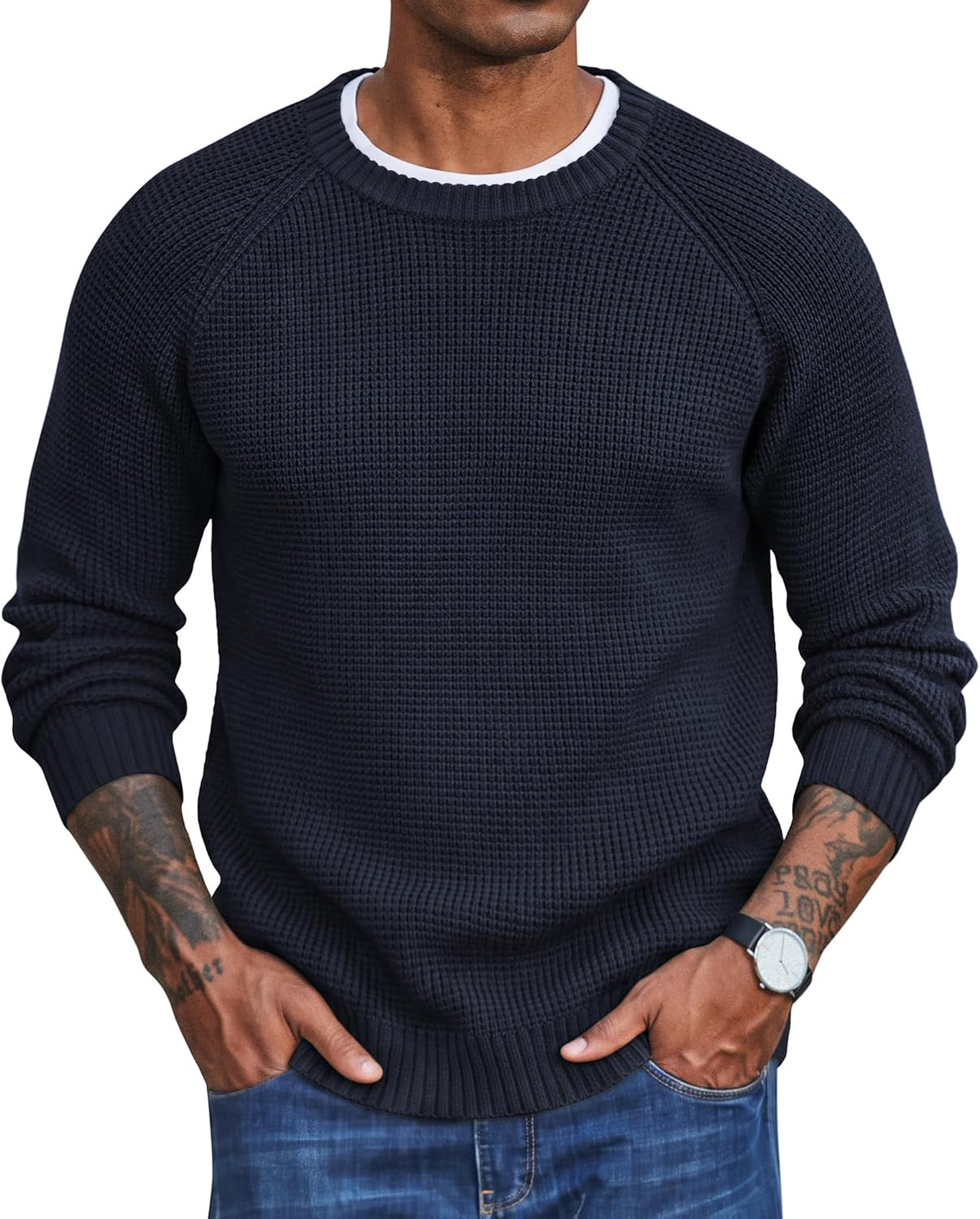Men's Thick Waffle Knit Crewneck Sweater in Dark Blue