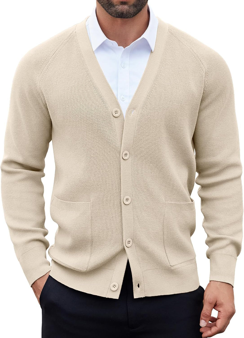 Men's Lightweight V Neck Button Cardigan - Long Sleeve Knit with Front Pockets for Weekends and Office Days - Army Green