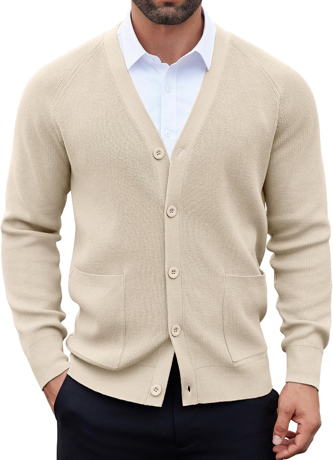 Men's Lightweight V Neck Button Cardigan - Long Sleeve Knit with Front Pockets for Weekends and Office Days - Army Green