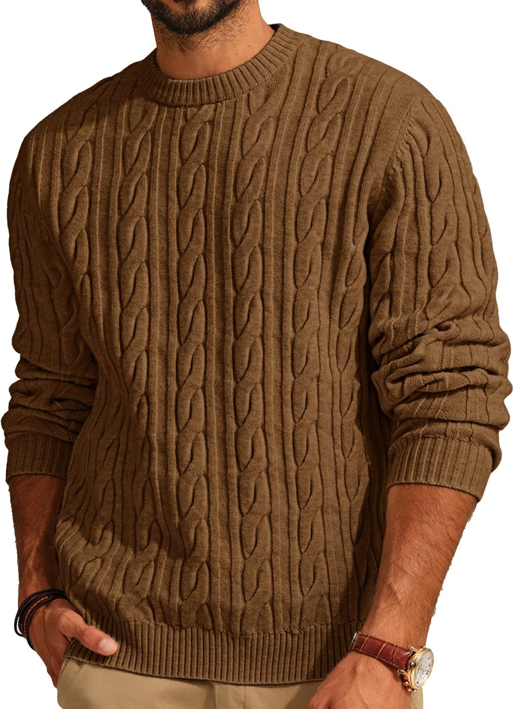 Men's Cable Knit Crewneck Sweater - Twist Textured Regular Fit Pullover in Solid Color for Business Casual Days - Medium