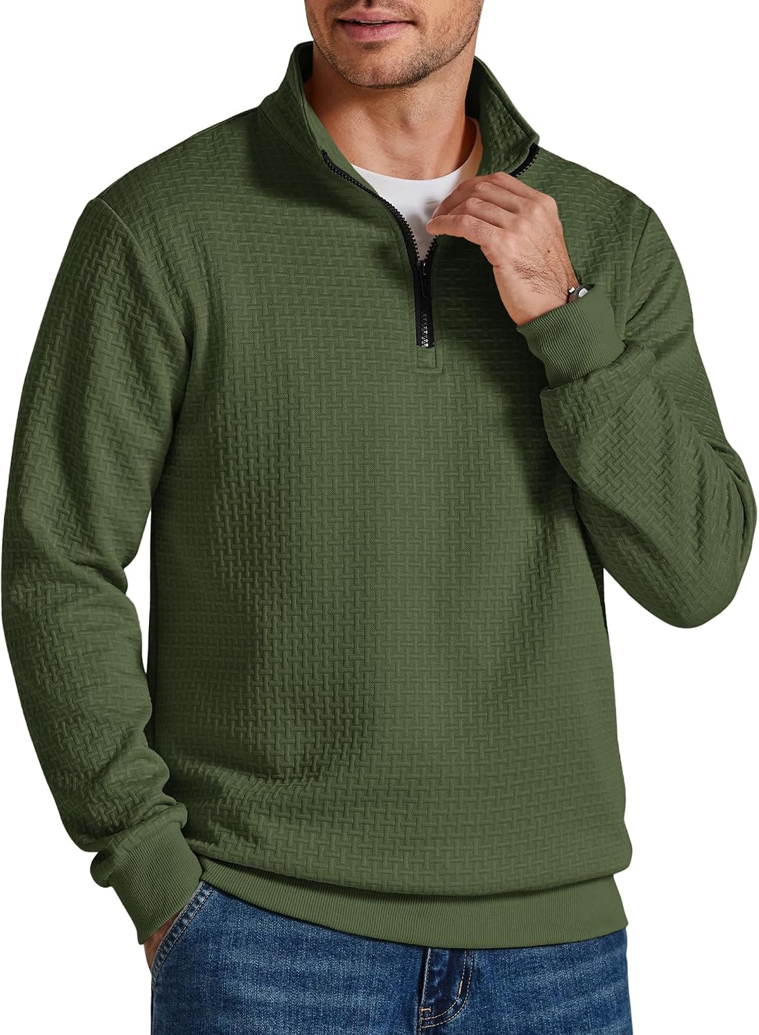 Men's Grid Textured Quarter Zip Sweatshirt - Mock Neck with Contrast Zipper and Relaxed Fit for Fall Days - Small
