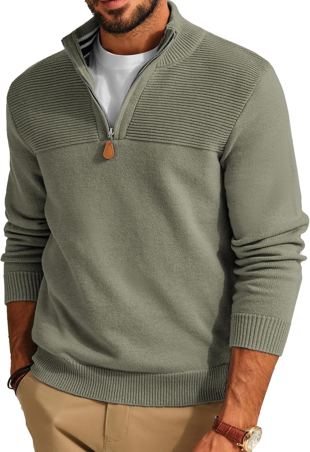 Men's Knit Textured Quarter Zip Pullover - Mock Neck Slim Fit Sweater with Soft Warm Feel for Casual Workdays - Small