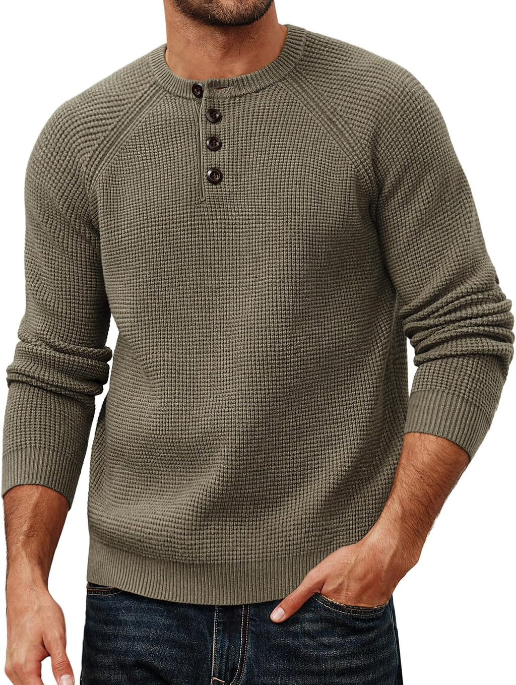 Men's Waffle Knit Henley Sweater - Textured Long Sleeve Pullover with Button Placket for Fall Layering - Small