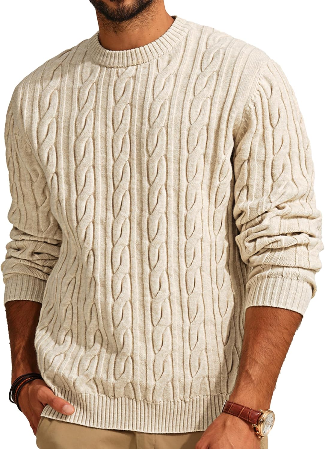 Men's Cable Knit Crewneck Sweater - Twist Textured Regular Fit Pullover in Solid Color for Business Casual Days - Small