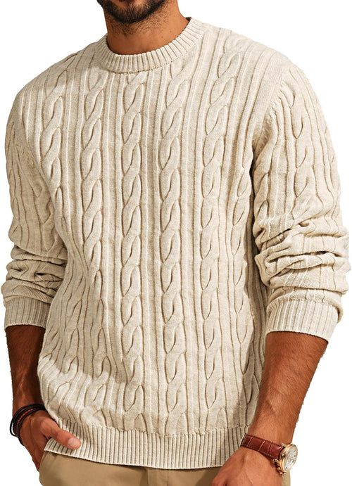 Men's Cable Knit Crewneck Sweater - Twist Textured Regular Fit Pullover in Solid Color for Business Casual Days - Small
