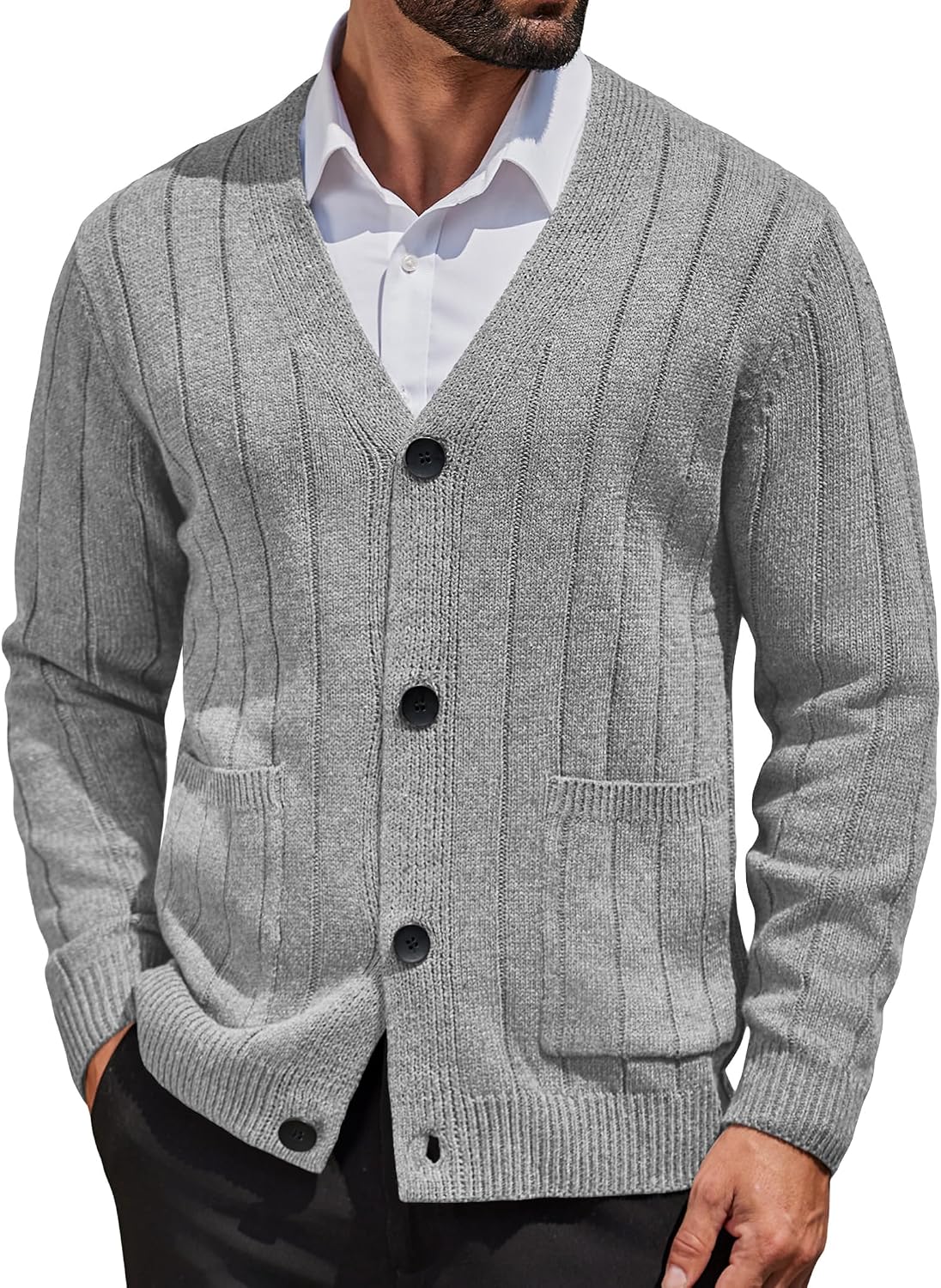 Men's Cable Knit V Neck Cardigan - Button Up Ribbed Sweater with Front Pockets for Everyday Winter Layering - Small