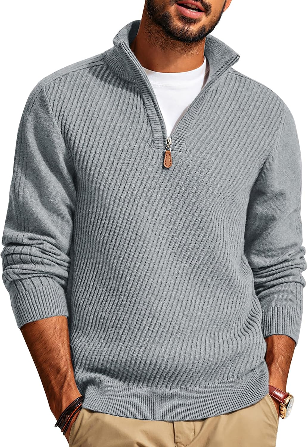 Men's Textured Knit Half Zip Pullover in Light Gray