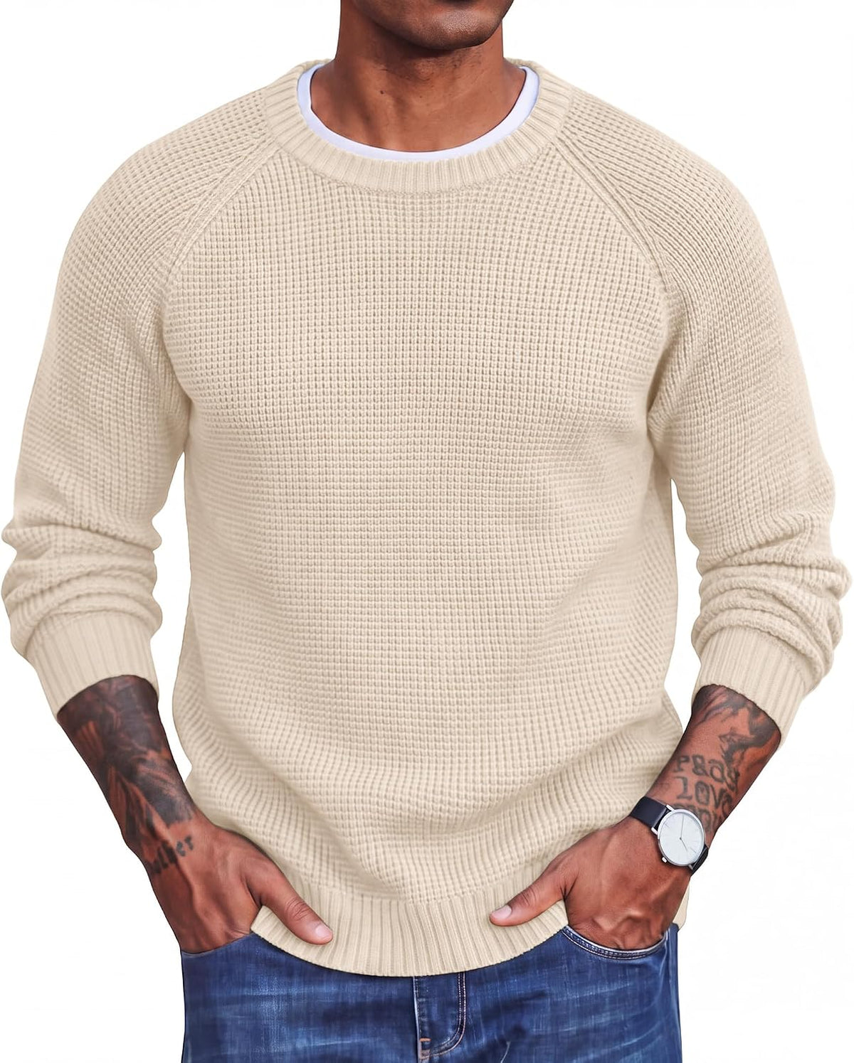 Men's Thick Waffle Knit Crewneck Sweater in Beige
