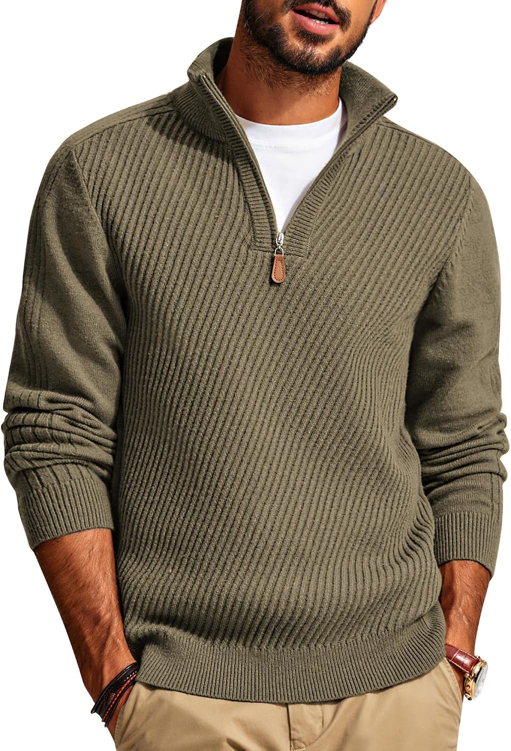 Men's Textured Knit Half Zip Pullover in Dark Khaki