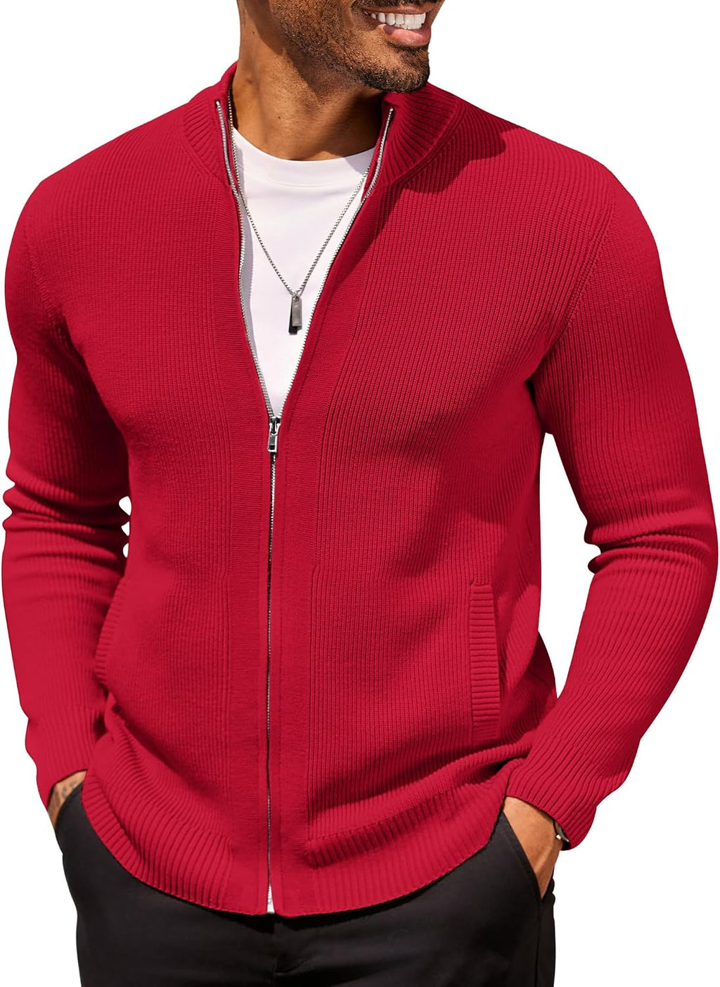 Men's Striped Knit Full Zip Cardigan - Slim Fit with Two Front Pockets and Ribbed Cuffs for Business Casual - Small