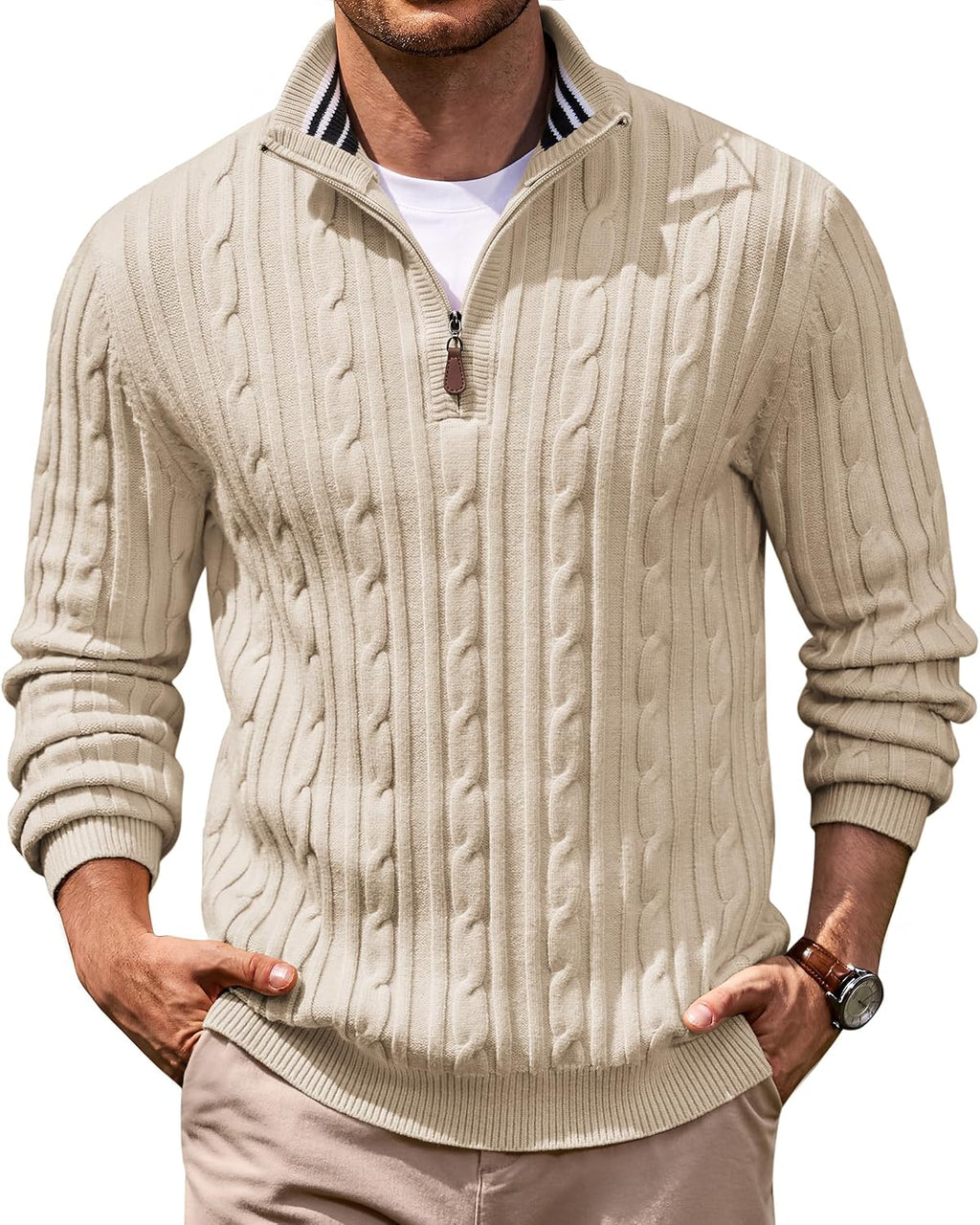 Men's Cable Knit Quarter Zip Sweater - Mock Neck Collar with Textured Cable Panels for Business Layering - Small