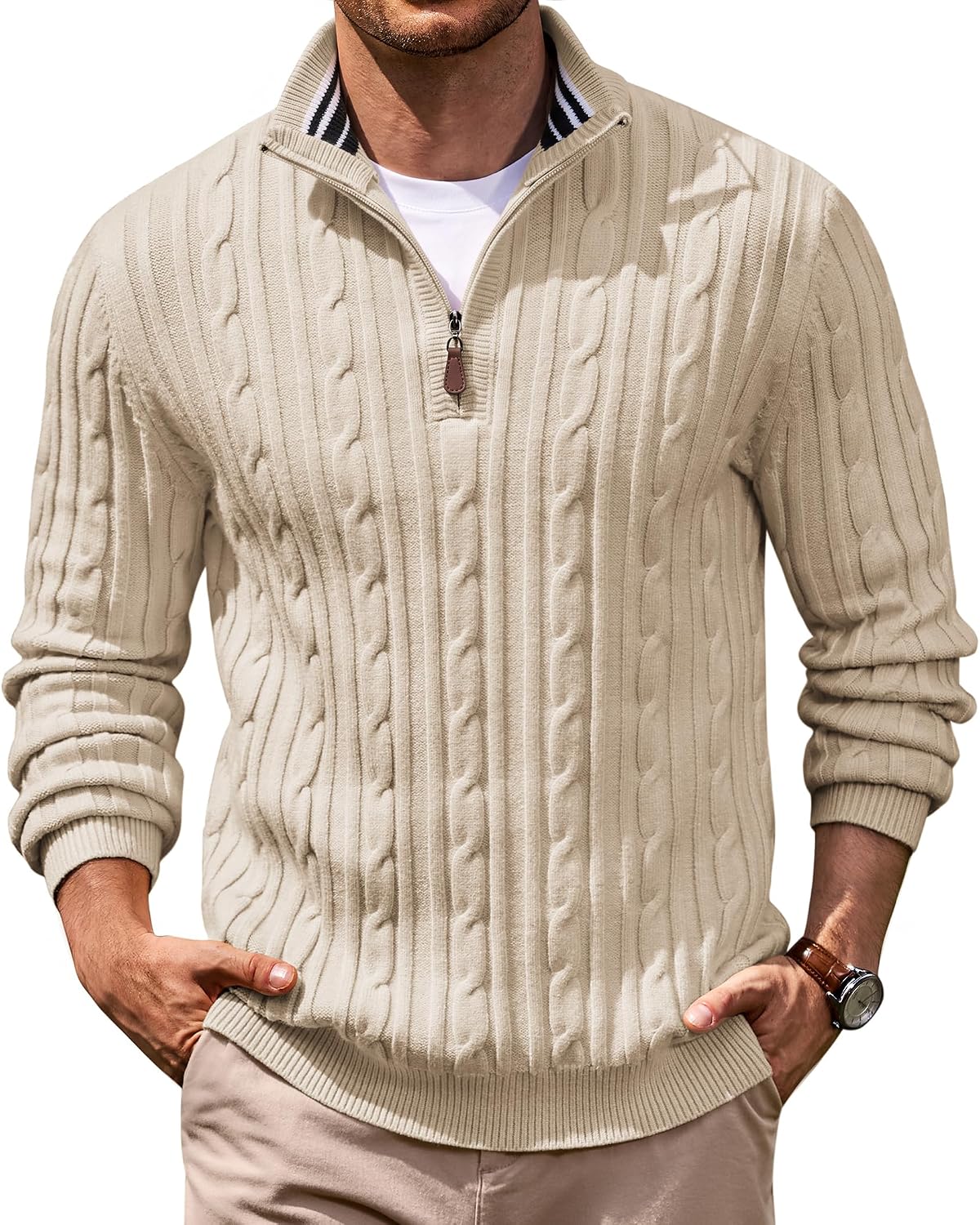 Men's Cable Knit Quarter Zip Sweater - Mock Neck Collar with Textured Cable Panels for Business Layering - Small