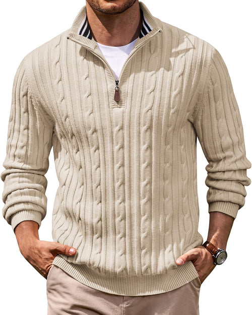 Men's Cable Knit Quarter Zip Sweater - Mock Neck Collar with Textured Cable Panels for Business Layering - Small