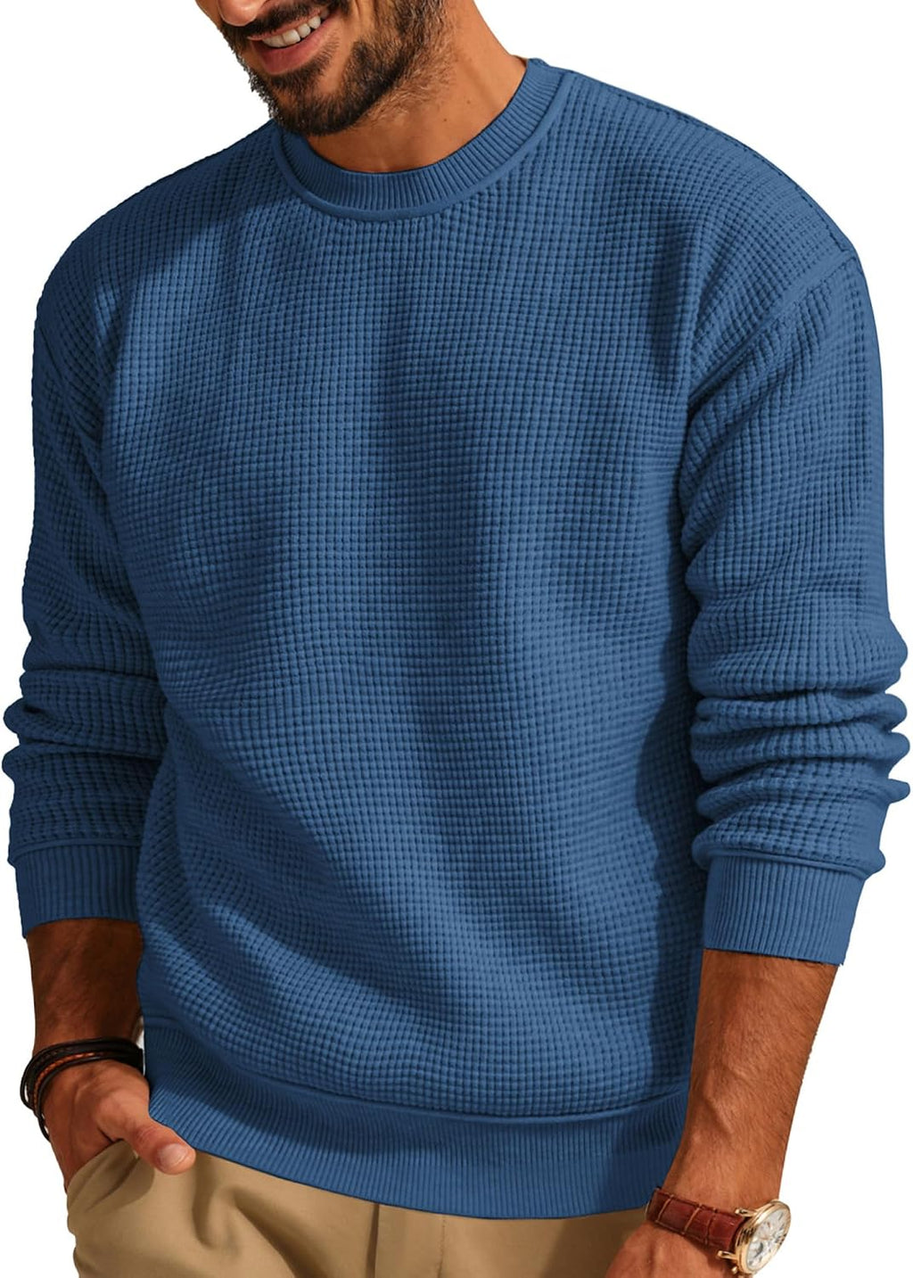 Men's Waffle Knit Crewneck Sweater - Lightweight Textured Pullover for Casual Daily Wear in Fall and Winter - Small