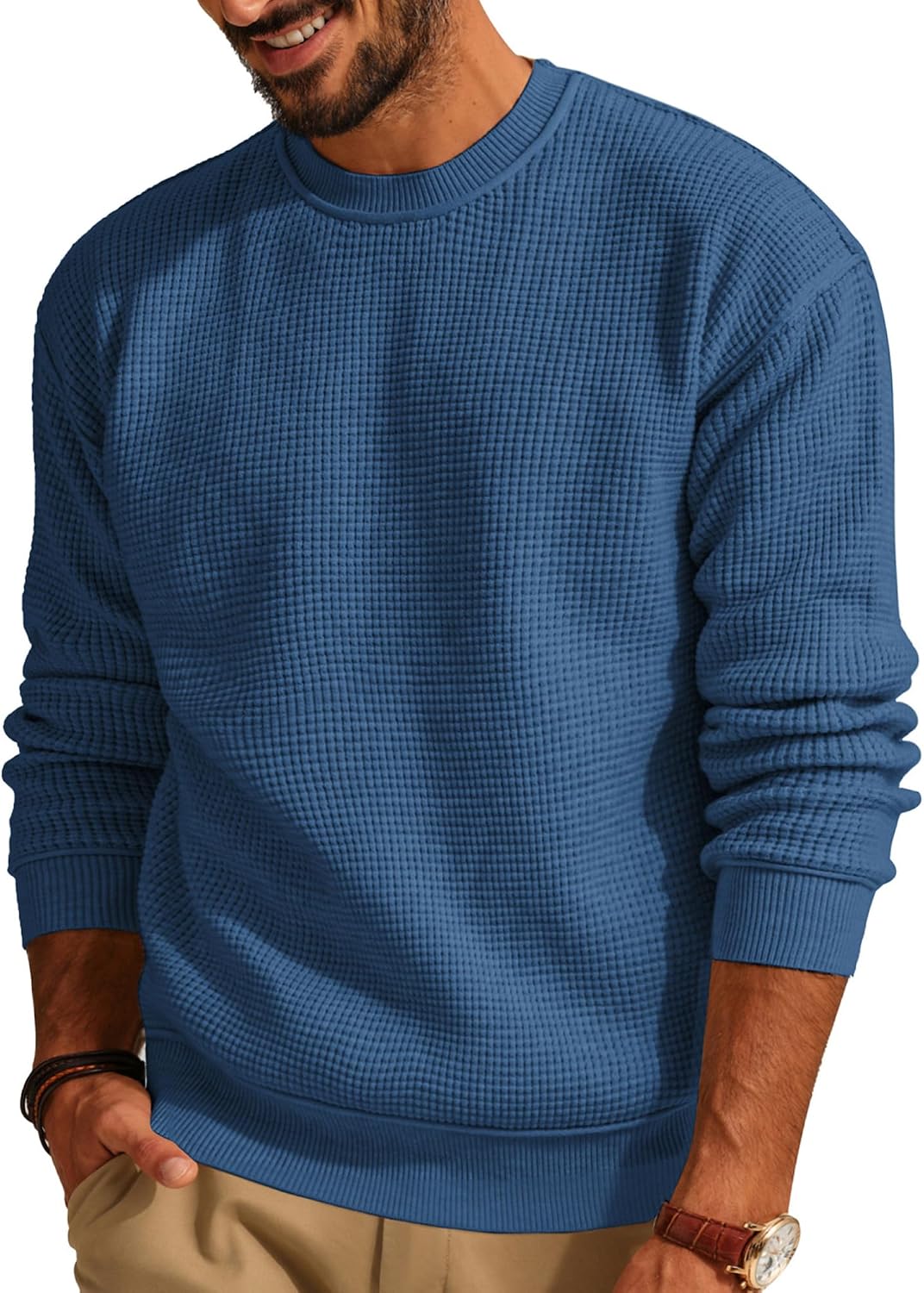 Men's Waffle Knit Crewneck Sweater - Lightweight Textured Pullover for Casual Daily Wear in Fall and Winter - Small
