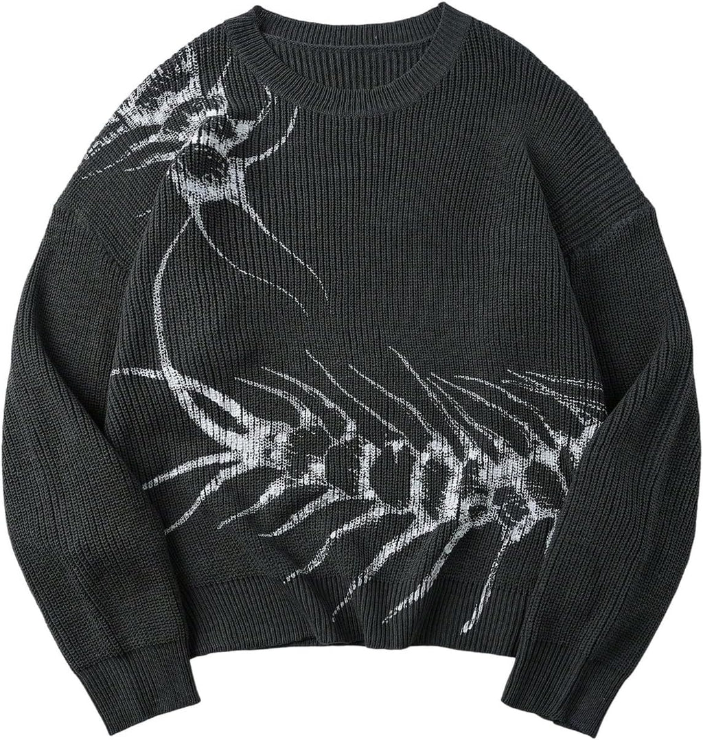 Men's Gothic Graphic Knit Sweater - Oversized Grunge Pullover for Halloween Nights and Winter Streetwear - Small