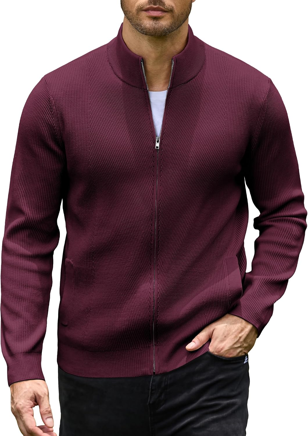 Men's Textured Knit Zip Up Cardigan in Burgundy