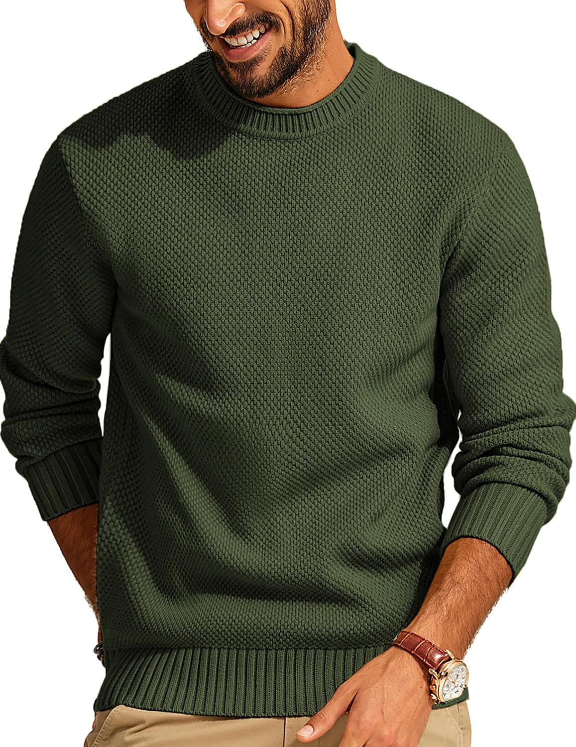 Men's Textured Waffle Knit Crewneck Sweater - Mid Weight Stretch Pullover with Regular Fit for Cold Days - Small