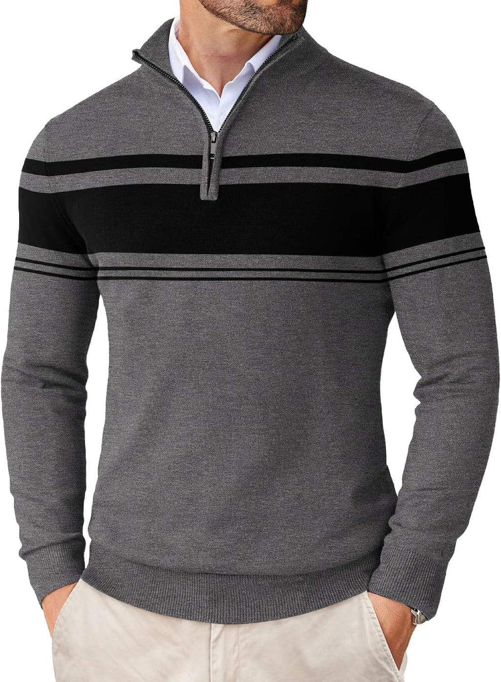 Men's Lightweight Knit Quarter Zip Pullover - Slim Fit Mock Neck with Metal Zipper Pull for Fall Office Days - Small