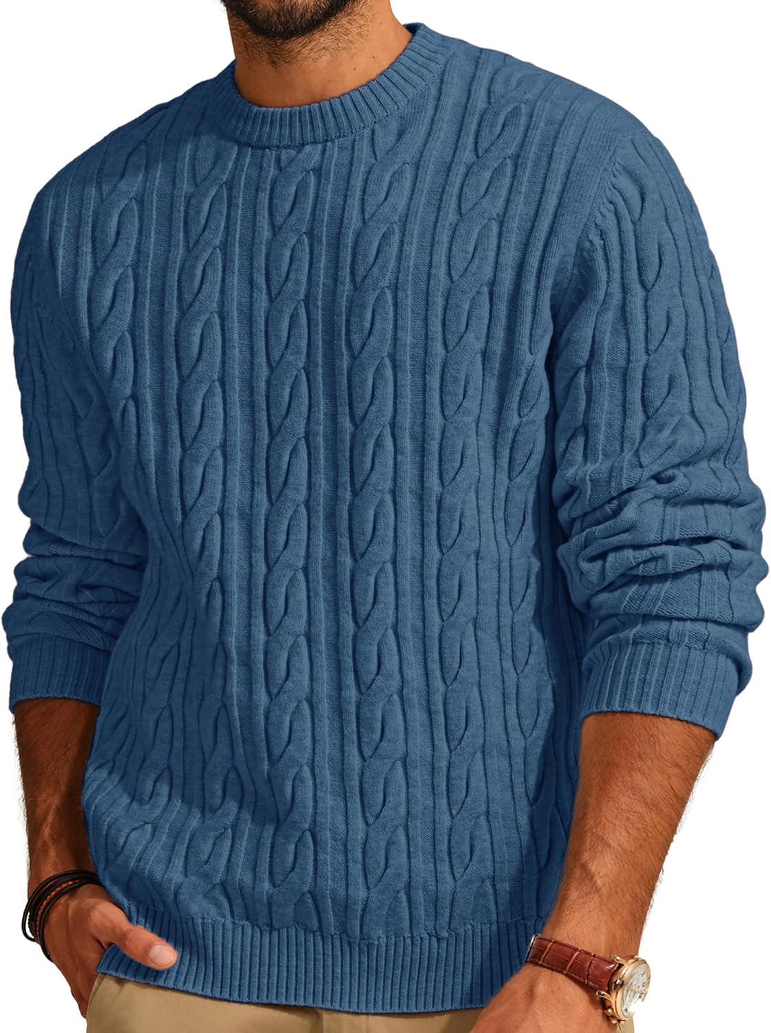 Men's Cable Knit Crewneck Sweater - Twist Textured Regular Fit Pullover in Solid Color for Business Casual Days - Small
