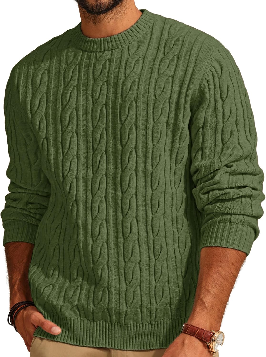 Men's Cable Knit Crewneck Sweater - Twist Textured Regular Fit Pullover in Solid Color for Business Casual Days - Small