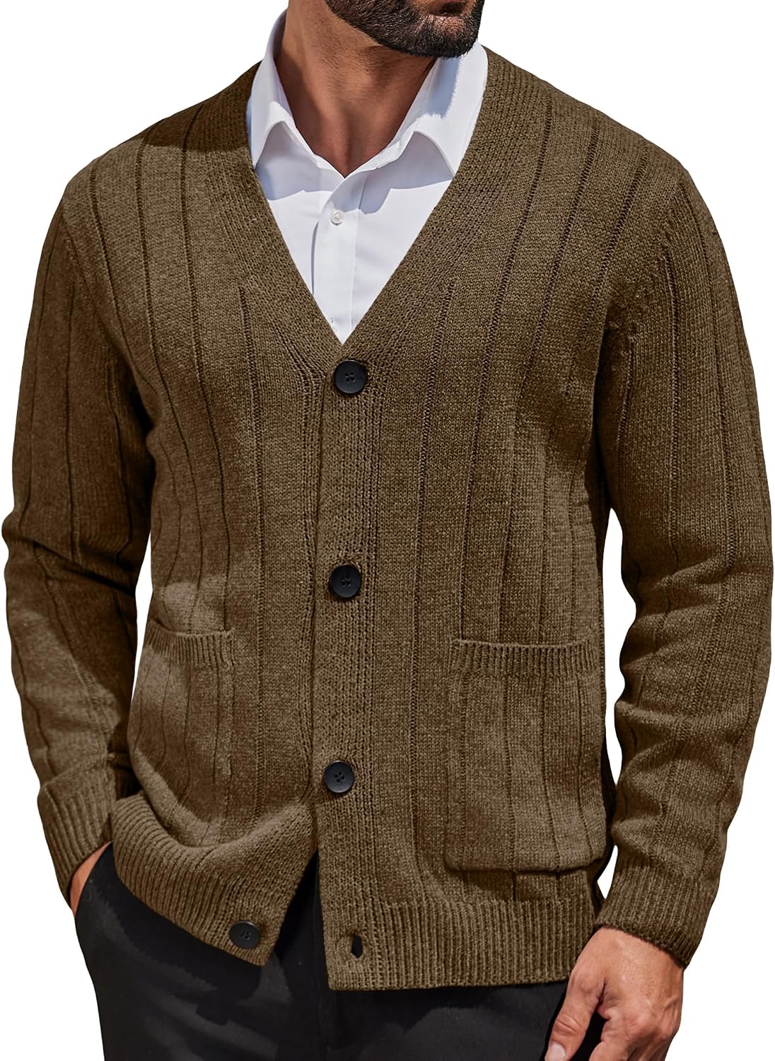 Men's Cable Knit V Neck Cardigan - Button Up Ribbed Sweater with Front Pockets for Everyday Winter Layering - Small