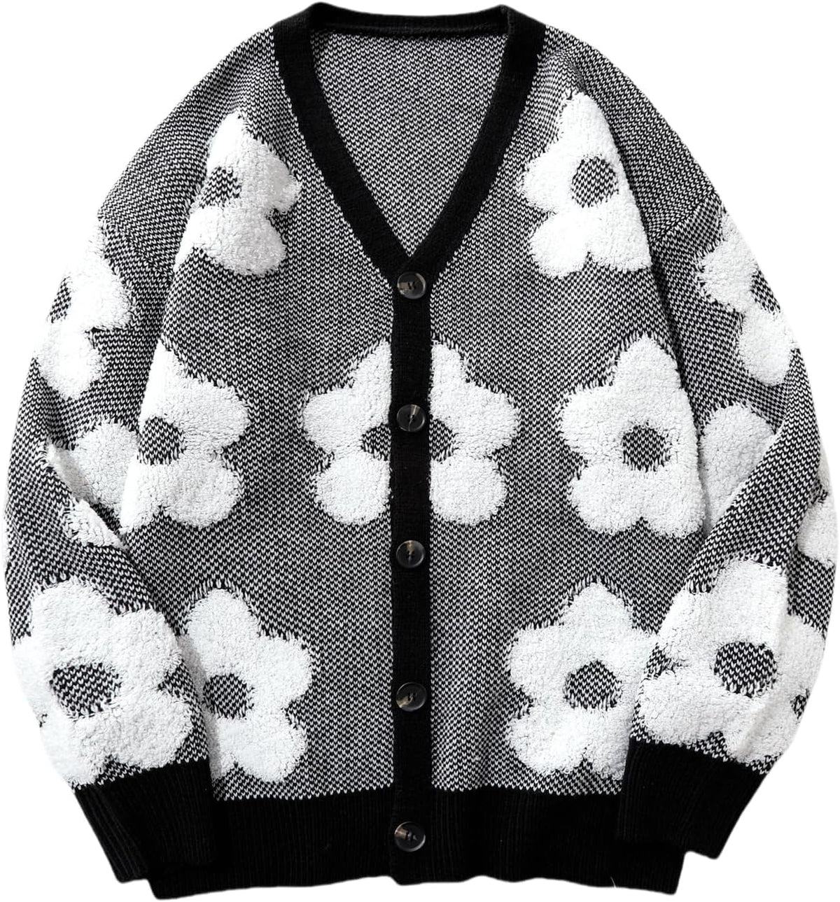 Skeleton Pattern Chunky Knit Cardigan in black and white floral