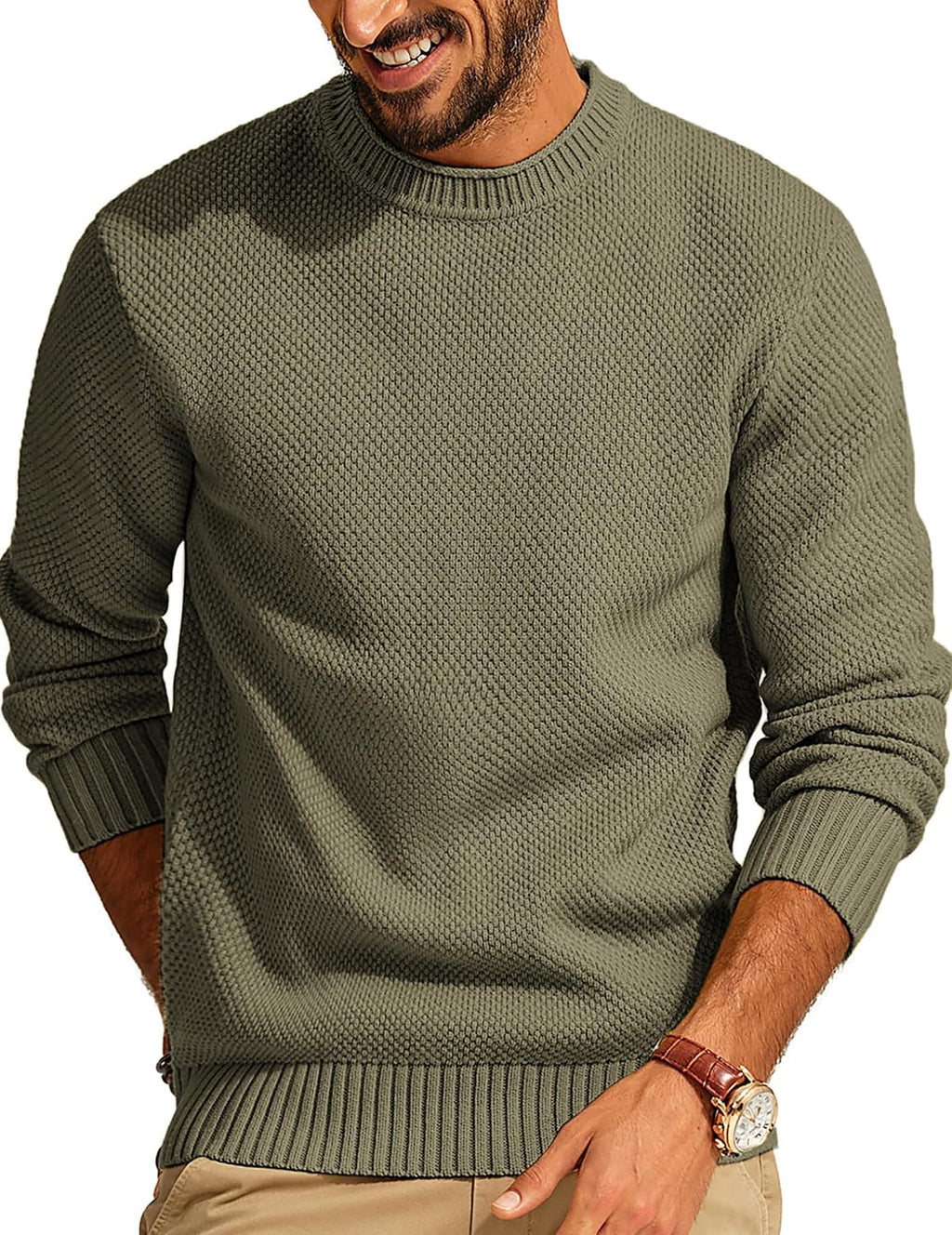 Men's Textured Waffle Knit Crewneck Sweater - Mid Weight Stretch Pullover with Regular Fit for Cold Days - Small