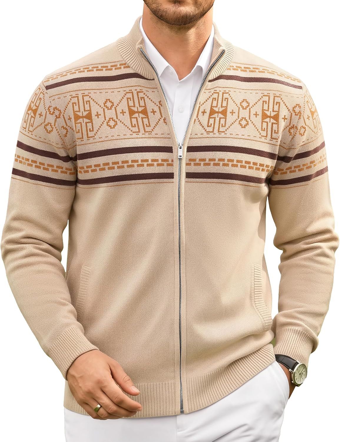 Men's Fair Isle Full Zip Cardigan - Mock Neck Knitwear with Two Slant Pockets and Relaxed Fit for Winter - Small