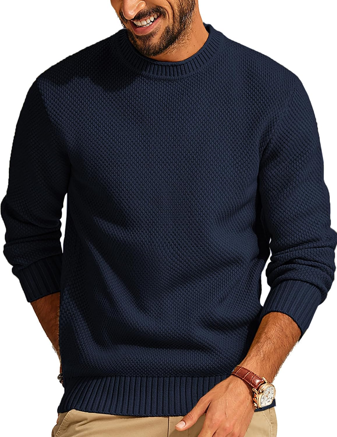 Men's Textured Waffle Knit Crewneck Sweater in Navy Blue