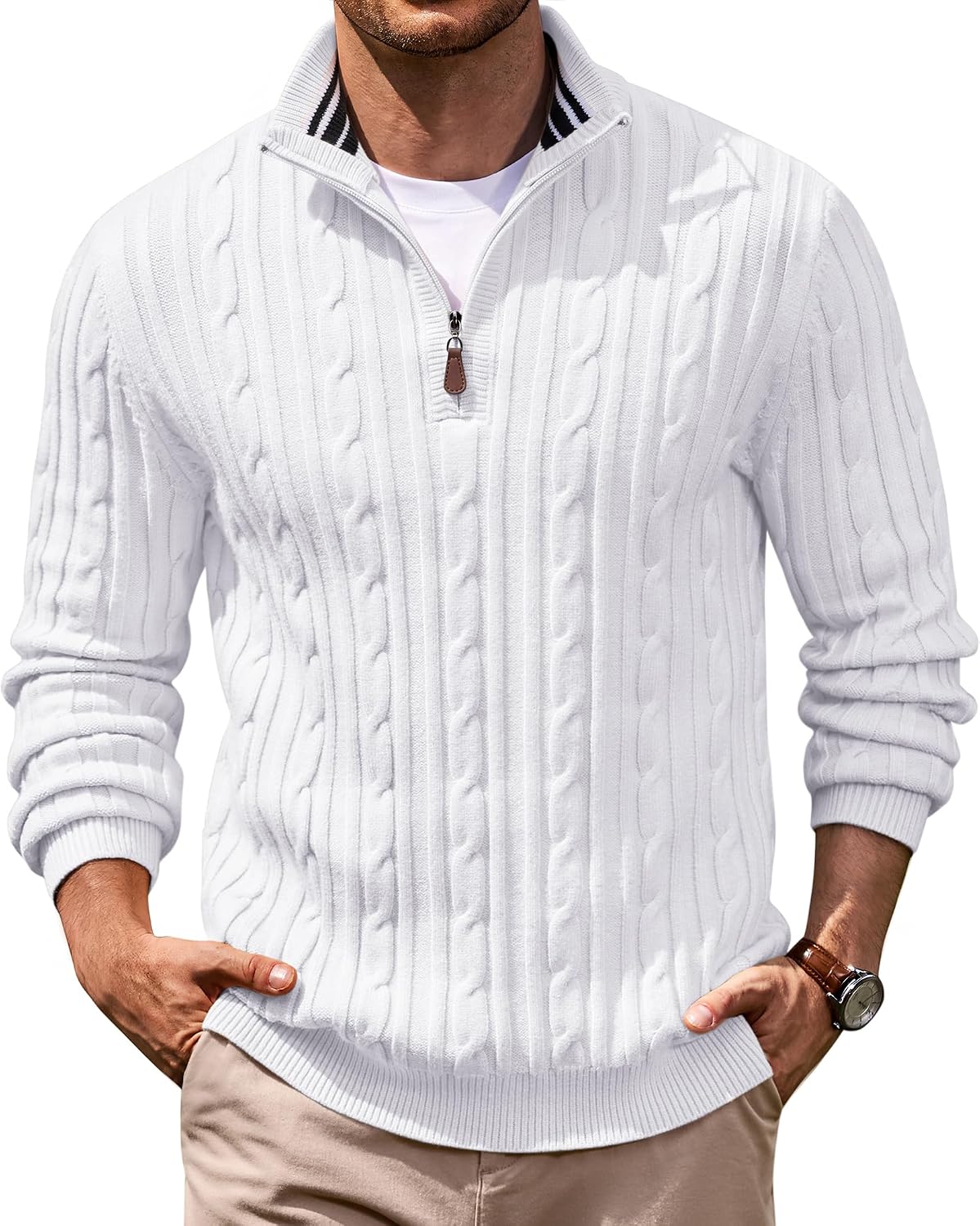 Men's Cable Knit Quarter Zip Sweater - Mock Neck Collar with Textured Cable Panels for Business Layering - Small (11)
