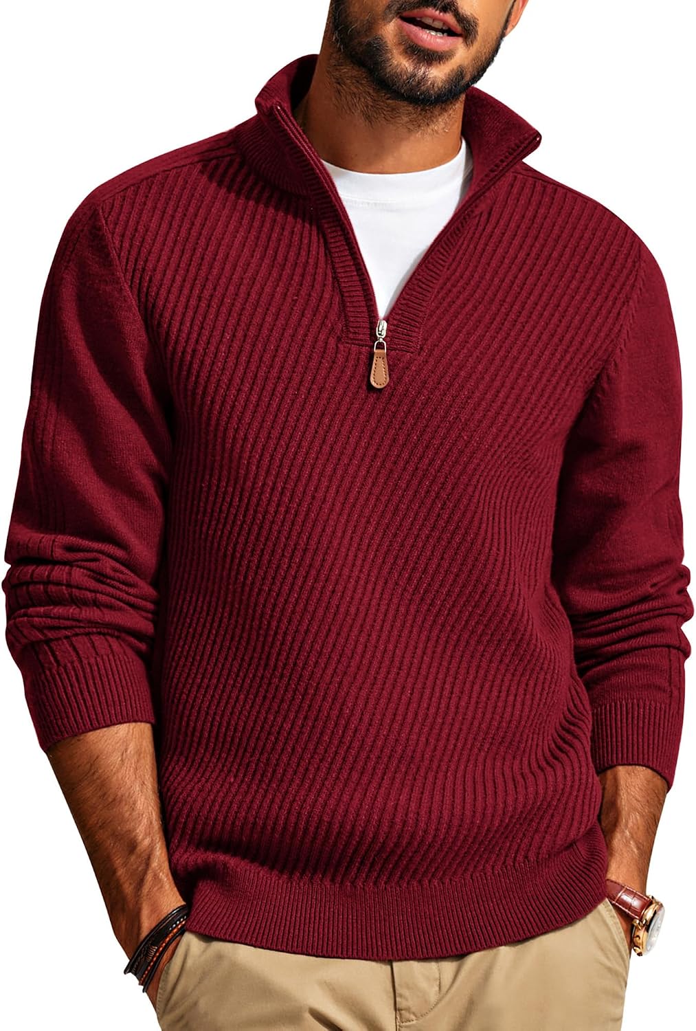 Men's Textured Knit Half Zip Pullover - Mock Neck Slim Fit Lightweight Sweater for Office, Church and Travel - Small
