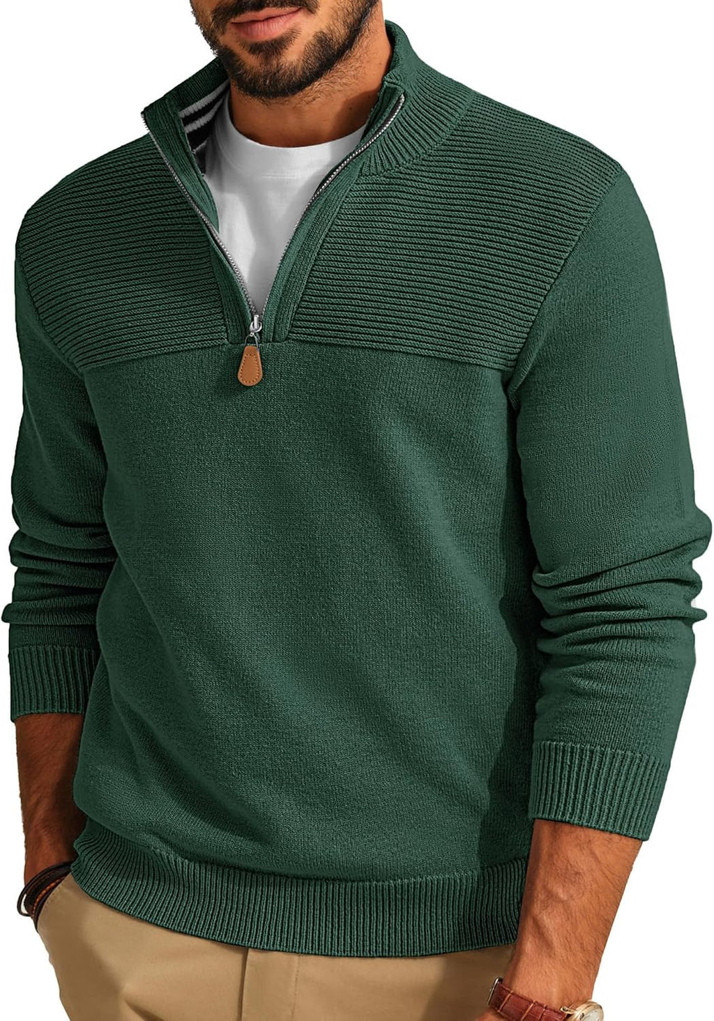 Men's Knit Textured Quarter Zip Pullover - Mock Neck Slim Fit Sweater with Soft Warm Feel for Casual Workdays - Medium