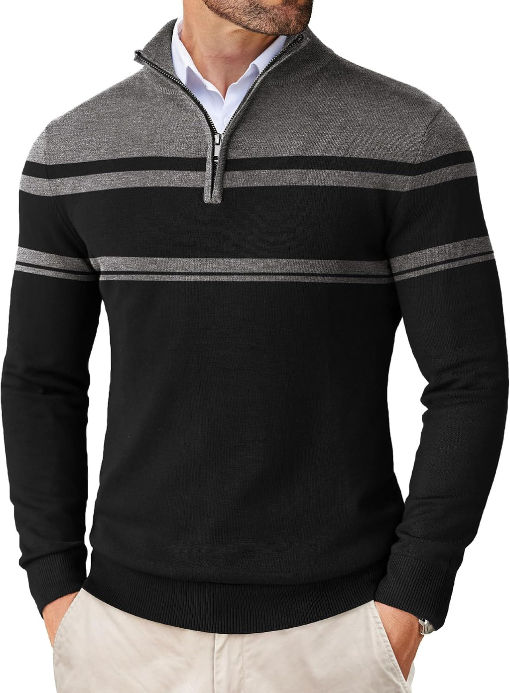 Men's Lightweight Knit Quarter Zip Pullover - Slim Fit Mock Neck with Metal Zipper Pull for Fall Office Days - Small