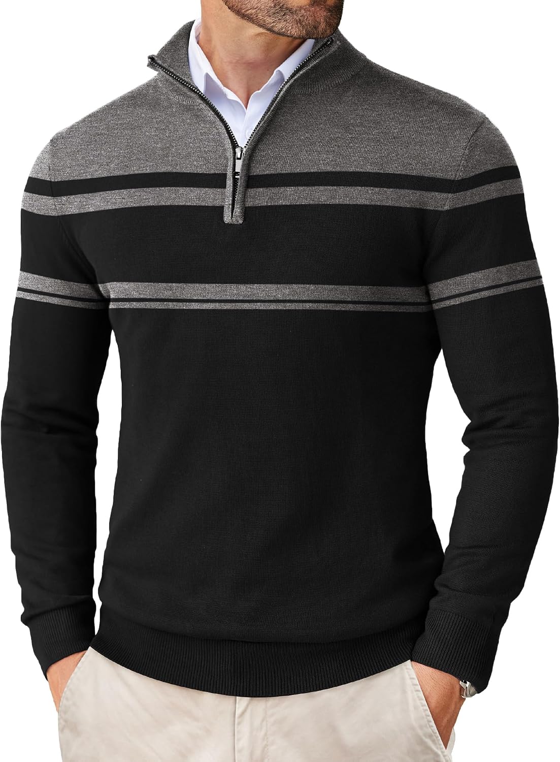 Men's Lightweight Knit Quarter Zip Pullover - Slim Fit Mock Neck with Metal Zipper Pull for Fall Office Days - Small