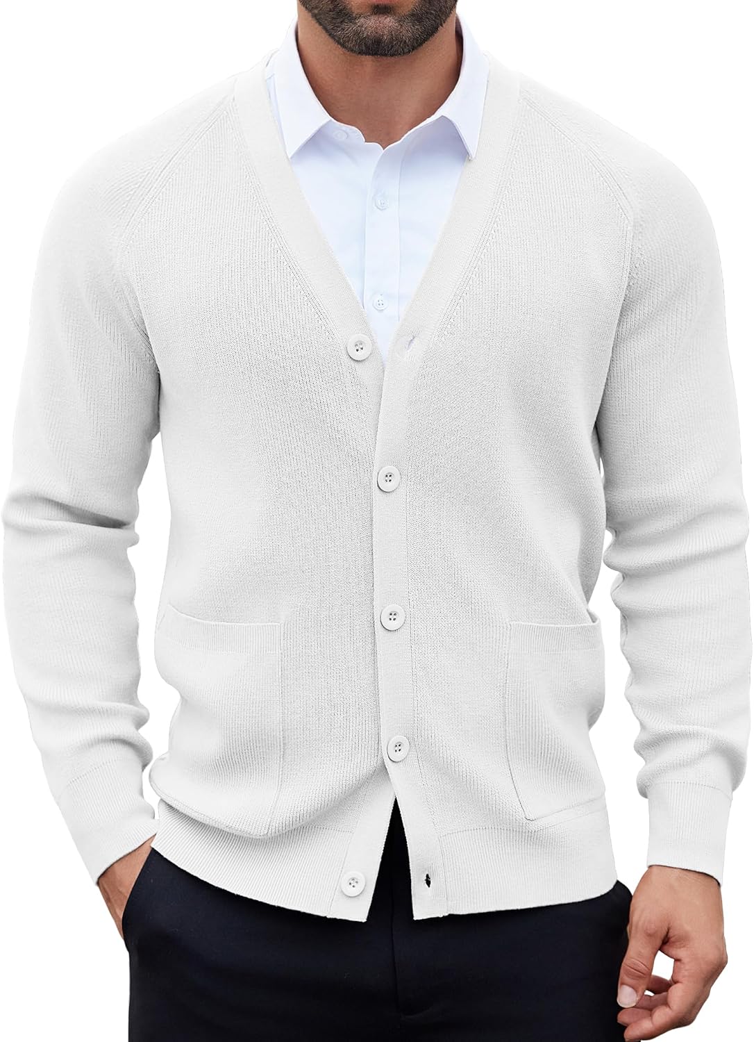 Men's Lightweight V Neck Button Cardigan - Long Sleeve Knit with Front Pockets for Weekends and Office Days - Army Green